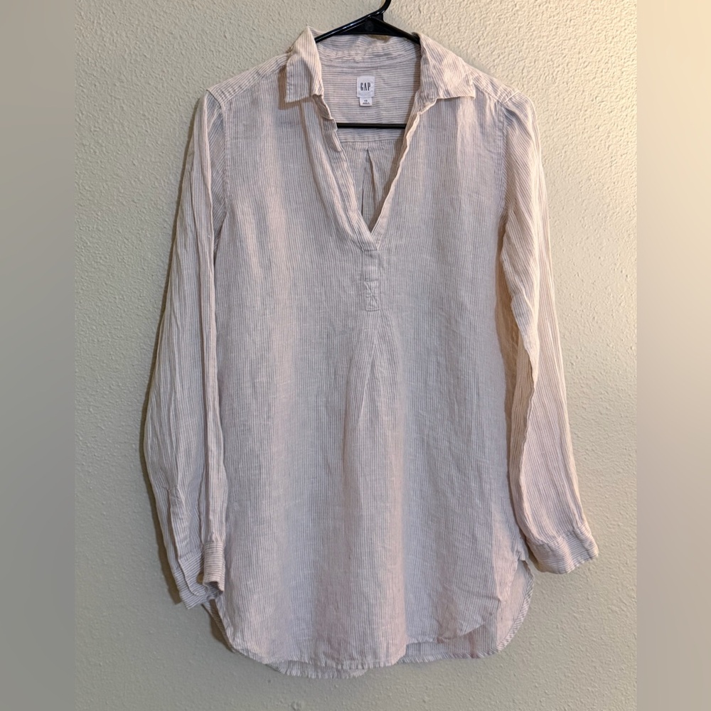 GAP Tan Linen Women's Top | Striped Popover Tunic | Size Extra Small